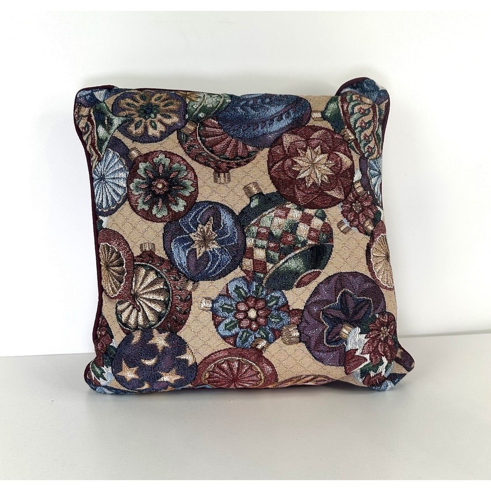 Christmas Tapestry Ornaments Square Throw Pillow Multicolored Maroon Red‎ 14x14